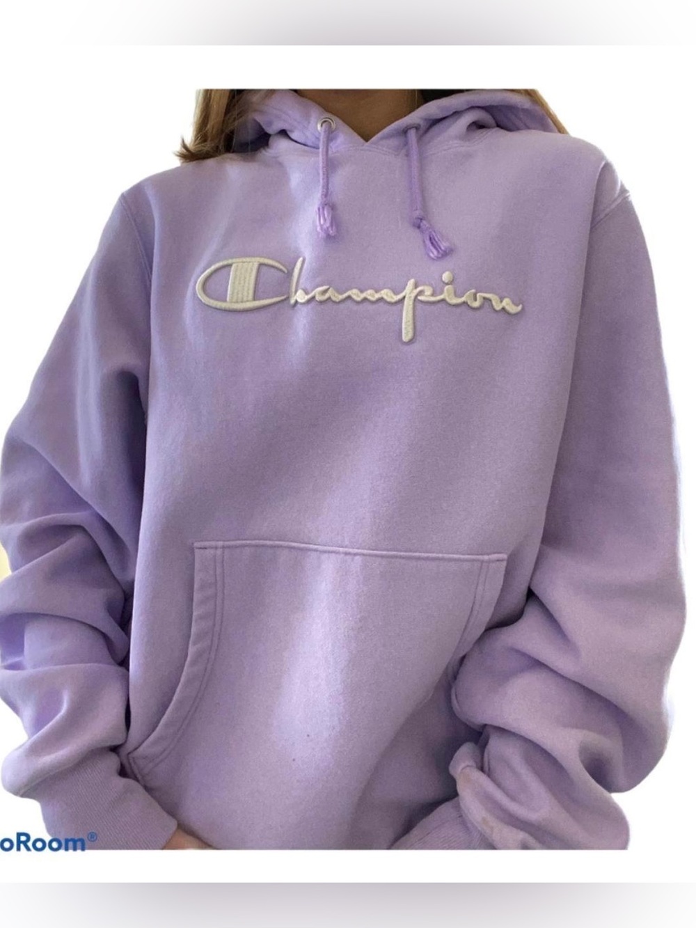 CHAMPION Reverse Weave Spellout Logo Lavender Hoodie Sweatshirt Pullover Size L